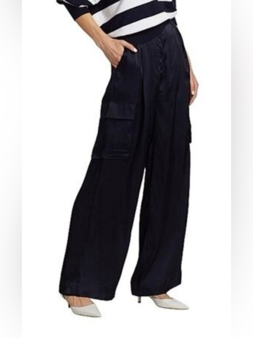 Marella Birillo Navy Satin Cargo Wide-Leg Pants • Size 4 • High-Rise Luxe NWT